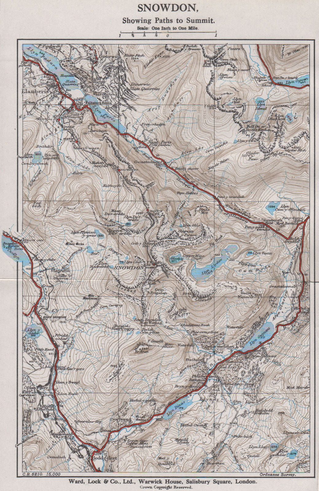 SNOWDON SHOWING PATHS TO SUMMIT. Llanberis. WARD LOCK 1935 old vintage map